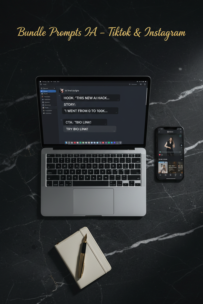 Bundle 3 Packs Prompts IA – Flat lay MacBook iPhone