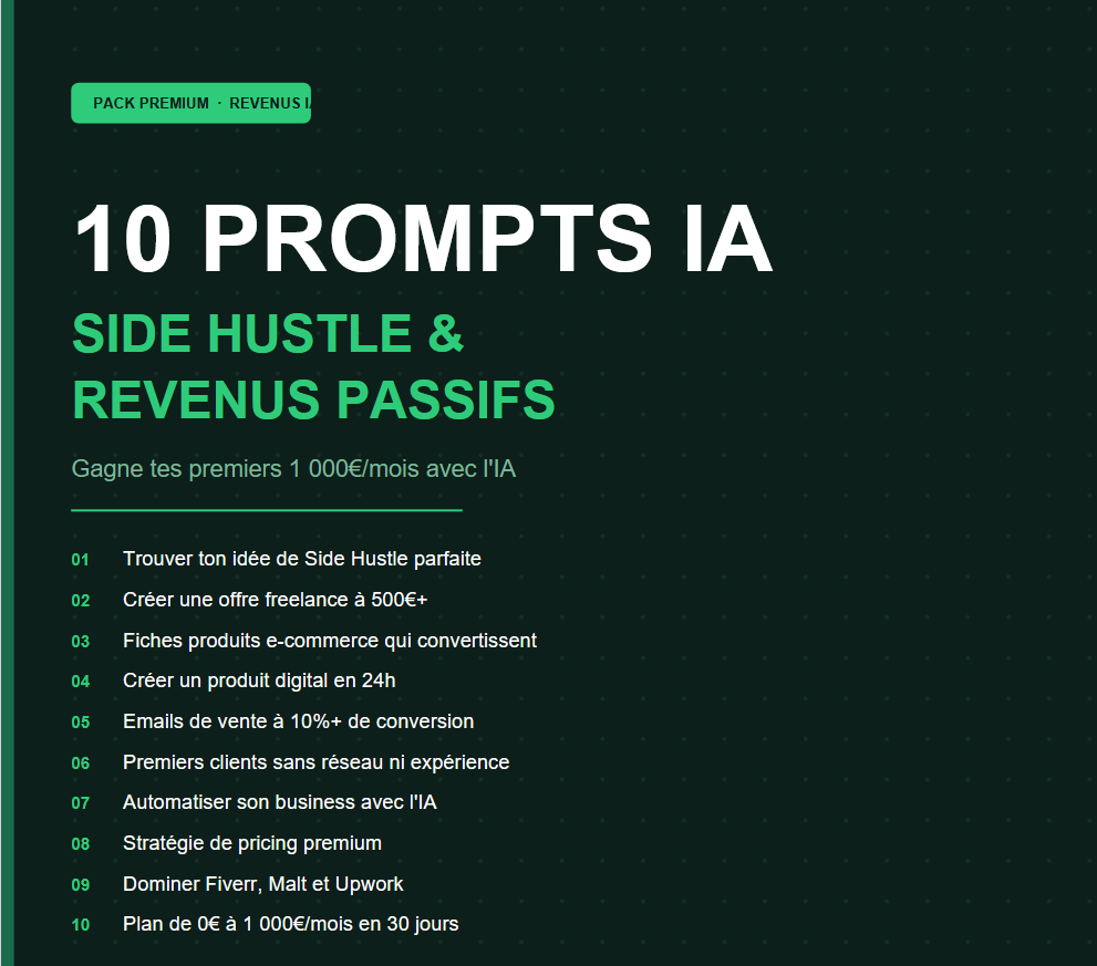 Pack premium 10 Prompts IA – Side Hustle & Revenus Passifs : Lance ta Source de Revenus en Ligne